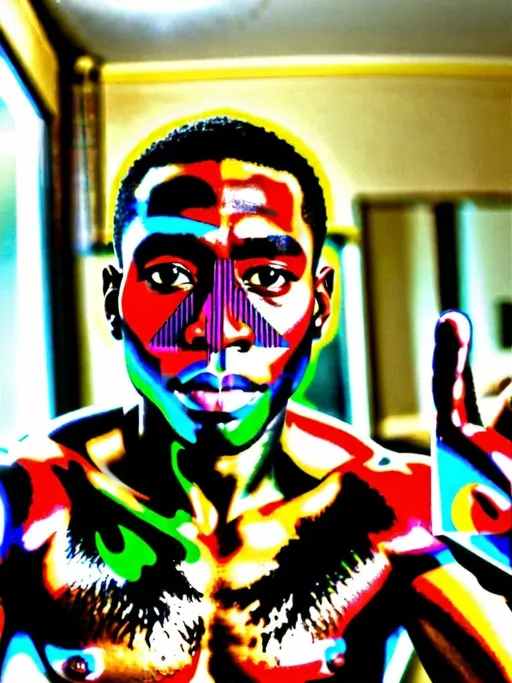 Prompt: a man with no shirt on taking a selfie in a mirror with his cell phone in his hand, Bruce Onobrakpeya, black arts movement, symmetrical facial features, a picture