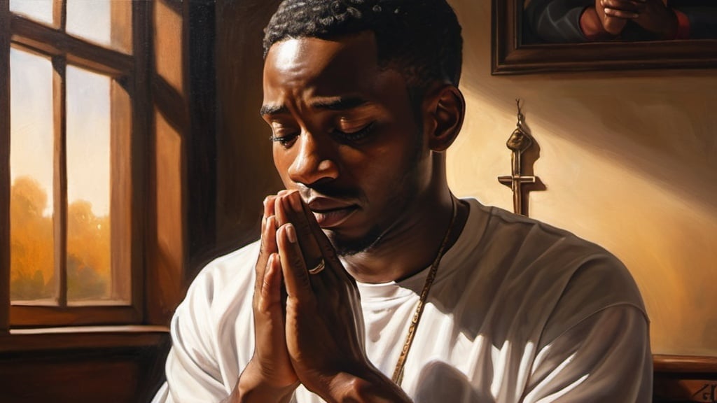 Prompt: a black Man praying, realistic oil painting, serene atmosphere, warm lighting, detailed hands, peaceful expression, religious, traditional, high quality, realistic, warm tones, serene lighting