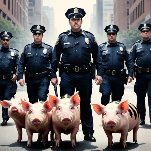 Prompt: "Coproach Pigs" an advertising poster for a movie with man-sized cockroaches dressed in police uniforms & pigs in police uniforms working together to harass & collect & terrorize the public.