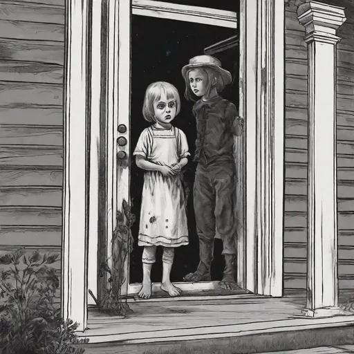 Prompt: Two black-eyed children are at the door, standing on the porch & insistently asking to be let inside the house.