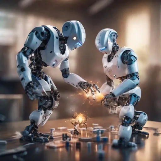 Prompt: AI robots attack engineer scientists who created them. Professional photography, bokeh, natural lighting, canon lens, shot on dslr 64 megapixels sharp focus