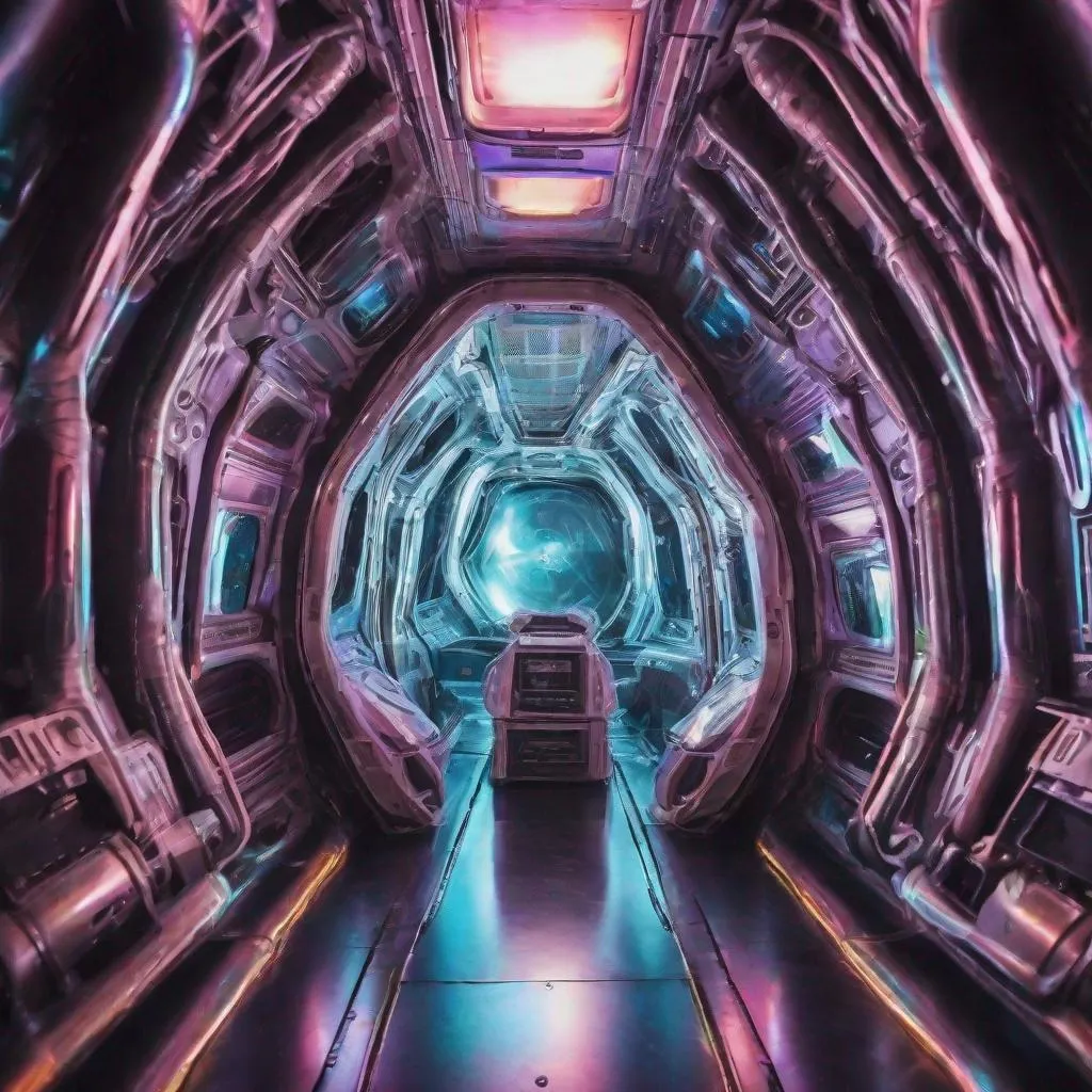 Prompt: The irridescent inside of a large alien ship. Photo quality color perfect lighting 