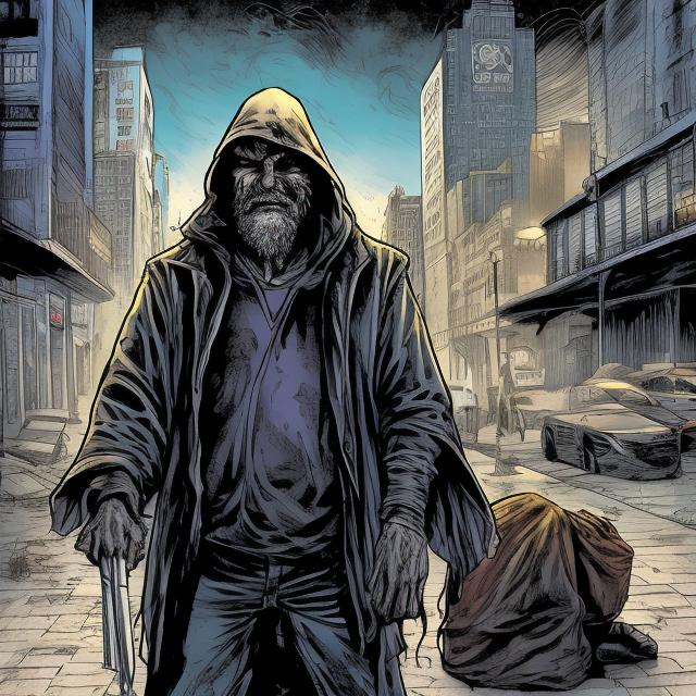 Prompt: "Homeless Avenger," dark, adult graphic novel. Fantastic, professional, unique color comic book artwork. 