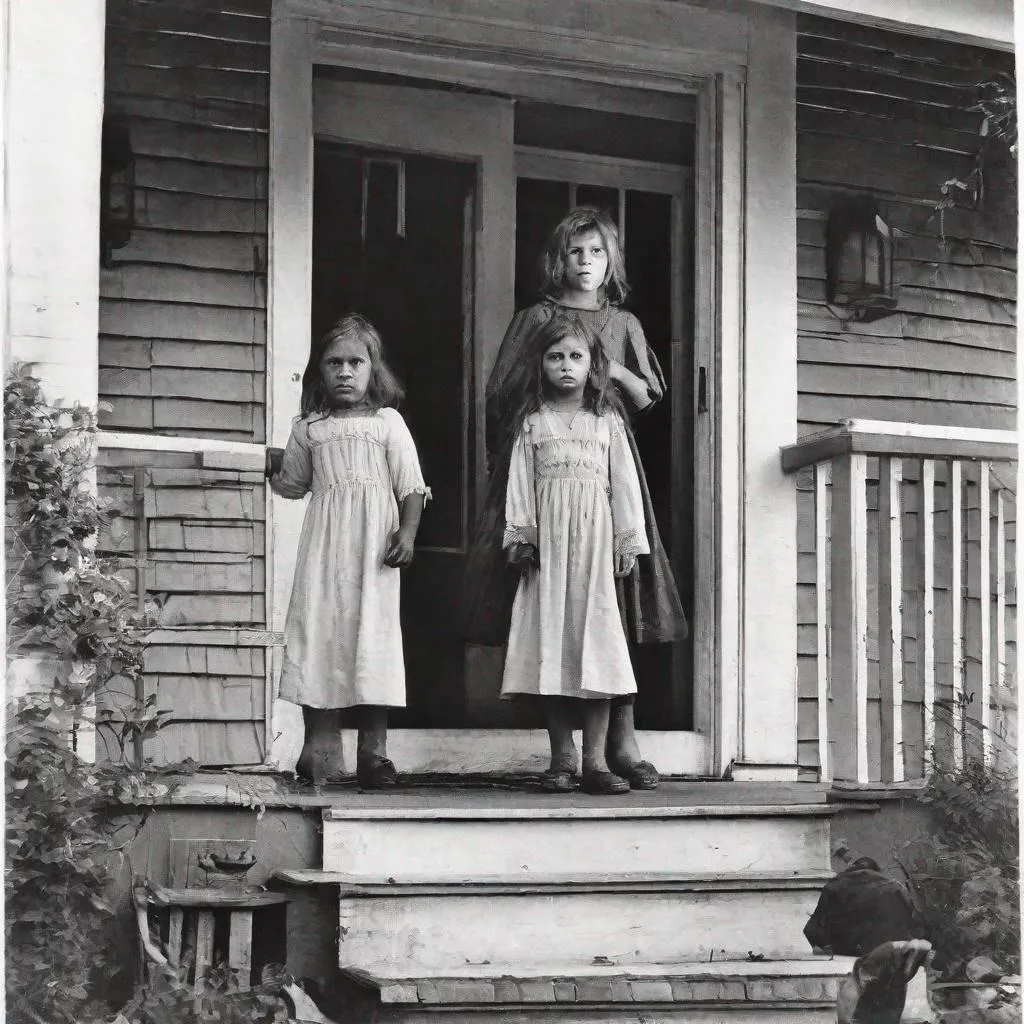 Prompt: Two black-eyed children stand on the porch when a woman opens her front door.