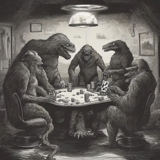 Prompt: A poker game between a sasquatch, the lochness monster, a chupacabra, the mothman, & an alien.