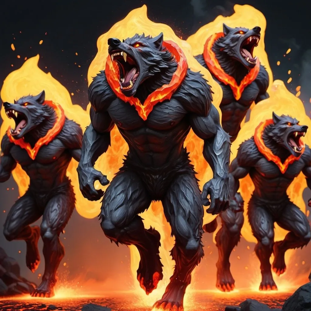 Prompt:  A pack of werewolves made of lava & fire, spraying sparks & bits of lava everywhere as they run full sprint.