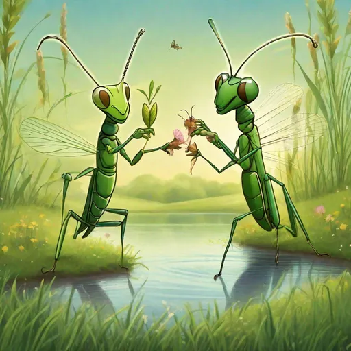 Prompt: A cricket & a praying mantis dance the lambada together beside a lake in a magical meadow.