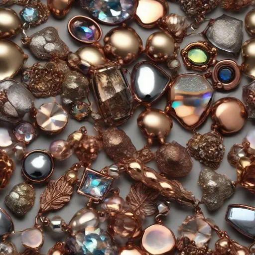 Prompt: The most beautiful unique metallic irridescent glass collection ever, copper bronze led mercury silver gold colored gems diamond copper.