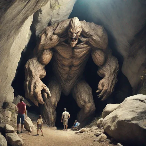 Prompt: An angry 35 foot tall wild giant humanoid emerges from a mountain cave & spots a family camping. Photo quality color perfect lighting 