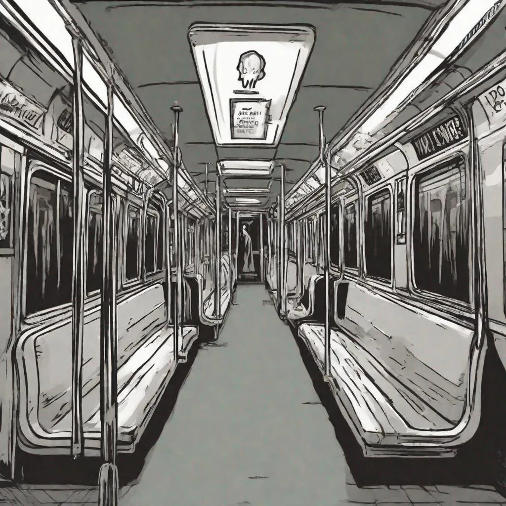 Prompt: A scary ghost flickers in & out of existence on a subway car.