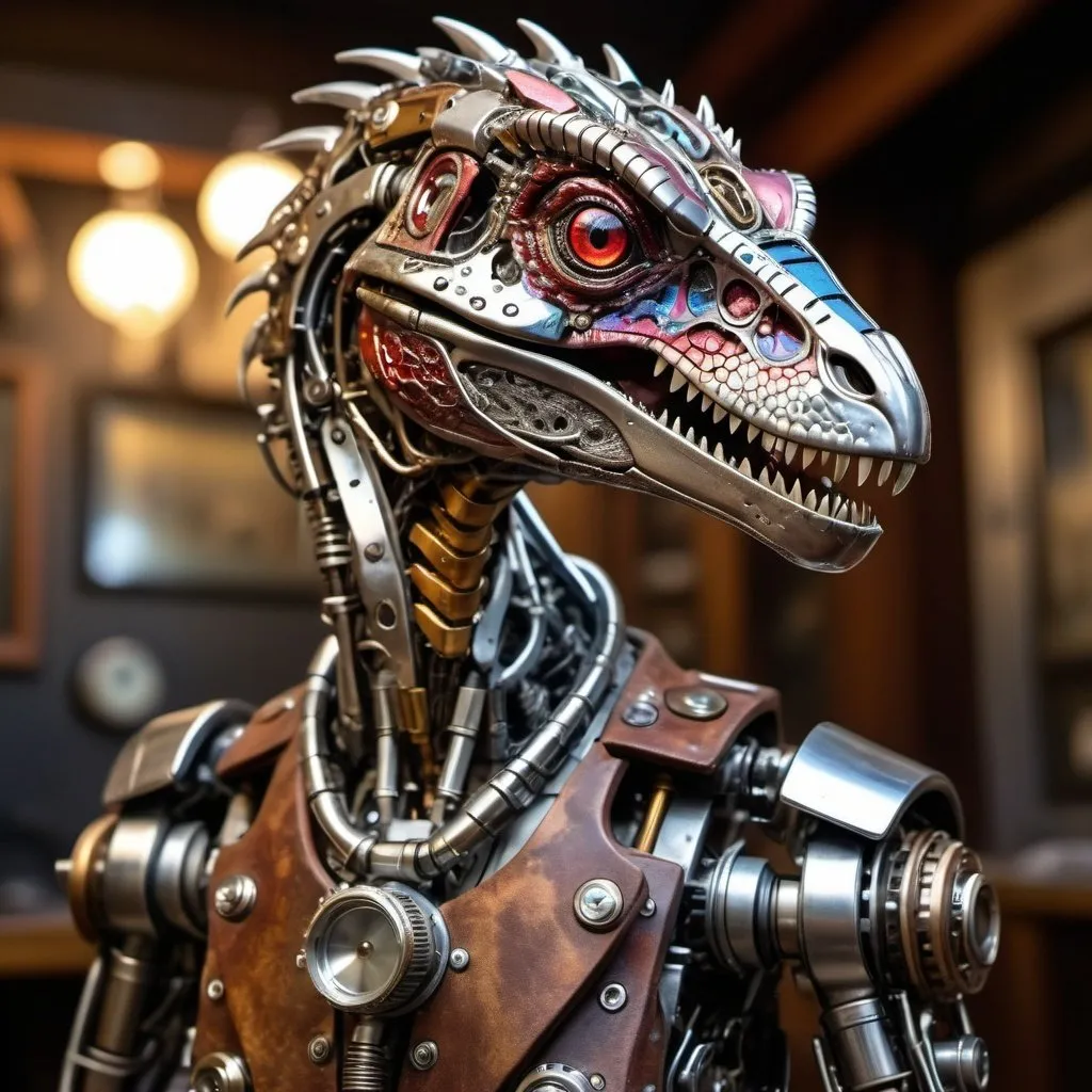 Prompt: All chrome & metallic primary colors, full body steampunk velociraptor-humanoid cyborg advanced. intricate details, HDR, beautifully shot, hyperrealistic, sharp focus, 64 megapixels, highly detailed bismuth, mech mecha mechanical perfect composition, high contrast, cinematic, atmospheric, moody Professional photography, bokeh, natural lighting, canon lens, shot on dslr 64 megapixels sharp focus