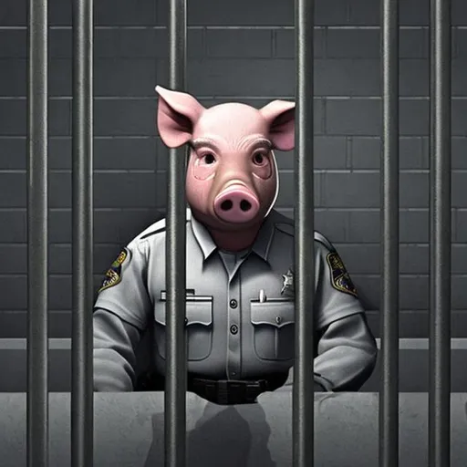 Prompt: A sad looking humanoid pig police officer, in uniform, behind bars in prison.