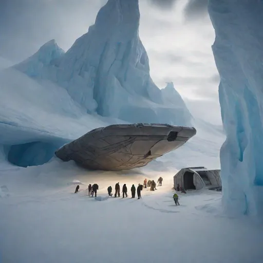 Prompt: Archeologists enter an alien ship uncovered in Antarctica. Photo quality color perfect lighting 