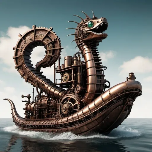 Prompt: A steampunk mechanical sea serpent. steampunk engine