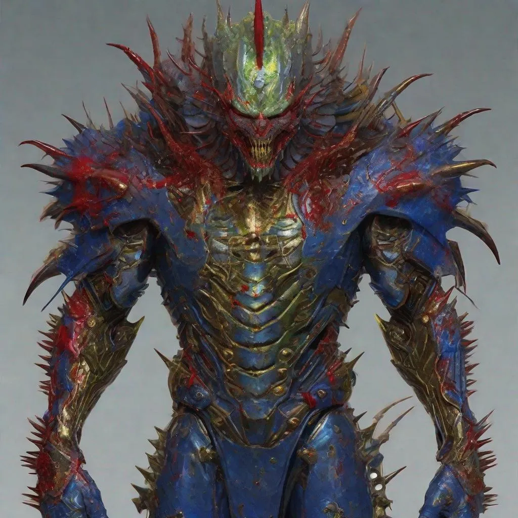 Prompt: CoVid humanoid supervillian with iridescent scaly head & facial skin, molten-gold eyes & rows of needle-like blood red spikes of head hair & needle-sharp chrome teeth, gunmetal grey scale-textured torso armor spotted with cobalt blue colored rings outlined in chartreuse, & instead of legs his lower half is a ball capable of rolling him in any direction & is identical to the covid 19 virus medium-grey colored with metallic red spike-proteins serving as treads. Steampunk. intricate details, HDR, colorful polychromatic, beautifully shot, hyperrealistic, sharp focus, 64 megapixels, perfect composition, high contrast Professional photography, natural lighting, canon lens, shot on dslr 64 megapixels, color depth, dramatic, high contrast, ultra detailed, ultra quality, a masterpiece, 8k resolution, hyperdetailed, volumetric lighting