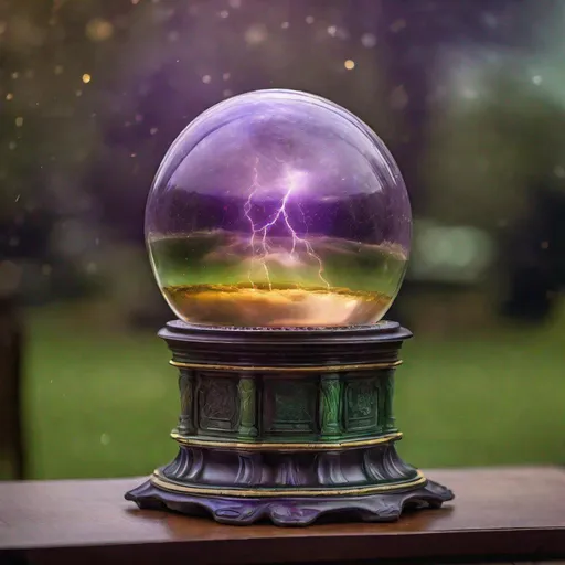 Prompt: A spectacular oversized antique crystal ball with a thunderstorm & UFO inside of it & an iridescent gold, silver, copper, bronze & metallic purple & obsidian acrylic colored standing base on it, & green mists hanging in the air. Professional photography, bokeh, ultra quality, 8k resolution holographic astral cosmic, natural lighting, canon lens, shot on dslr 64 megapixels sharp focus intricate details, HDR, beautifully shot, hyperrealistic, sharp focus, 64 megapixels, perfect composition, high contrast, cinematic, atmospheric, acrylic, high contrast, colorful polychromatic, ultra detailed, 