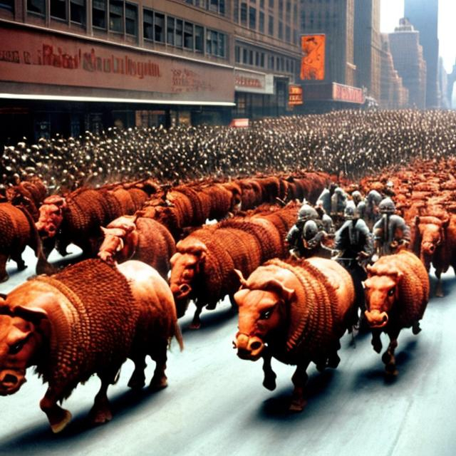 Prompt: Ghengis Kahn & his hoards are riding through downtown New York, slaughtering stunned people who are gawking at them.