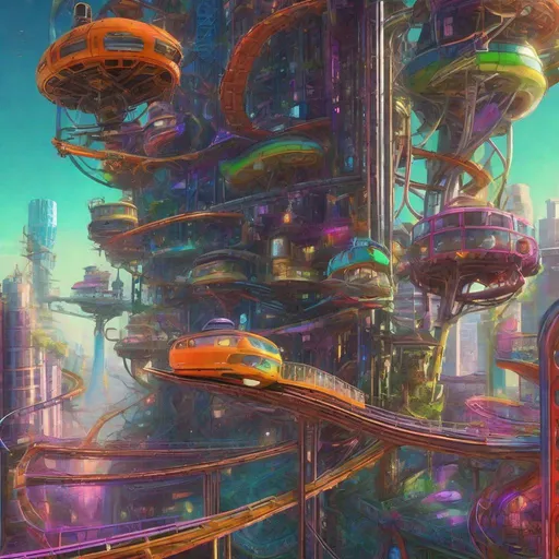 Prompt: An alien cityscape with highrise buildings connected  & bridged by a haphazard, tangled patchwork nest winding skyways, twisting pedestrian tube-spans, & looping, winding, & swerving tracks for coaster cars, all crisscrossed & cut by random, straight line chairlift & hang-on hooks for single riders. Steampunk, vibrant primary neon highlights, 3-D, intricate details, perfect focus, magic hour lighting, 