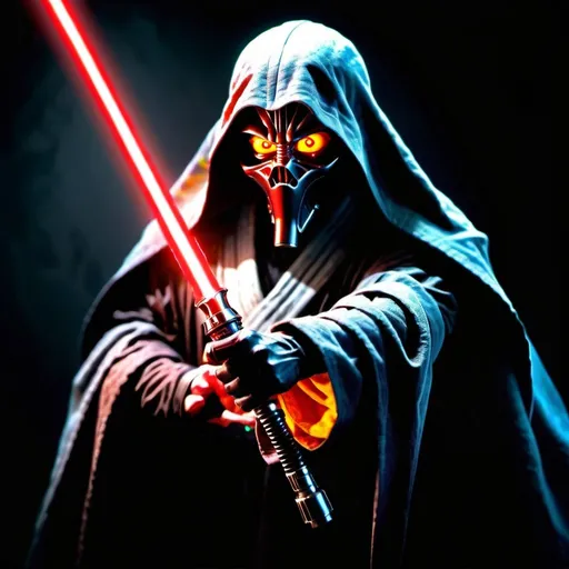 Prompt: A sith master that is a horrifying large mouthed creature with glowing yellow eyes in a black robe holding a single full length lightsaber-lazersword in one hand & he has the other hand extended towards the camera. The lightsaber should have an iridescent red-yellow-orange blade, & a smooth, claw-shaped obsidian handle. He should be wearing inky black leather & cloth robes. Cinematic film still, shot on v-raptor XL, film grain, vignette, color graded, post-processed, cinematic lighting, 35mm film, live-action, best quality, atmospheric, a masterpiece, epic, stunning, dramatic intricate details, HDR, beautifully shot, hyperrealistic, sharp focus, 64 megapixels, perfect composition, high contrast, cinematic, atmospheric, moody