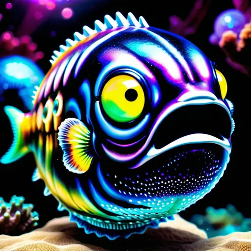 Prompt: An outer-space alien-mermaid-puffer fish hybrid creature. beautifully shot, hyperrealistic, sharp focus, 64 megapixels, Deep acrylic sparkling metallic primary colors, 3D shading, full body, dark fantasy! cosmic iridescent, high contrast, art deco, colorful polychromatic, explosive, intricate details, 8k resolution holographic astral cosmic illustration mixed media by Pablo Amaringo oil gouache, dynamic lighting! ultra quality, CGSociety perfect composition, high contrast, cinematic, atmospheric, moody, professional photography, bokeh, natural lighting, canon lens, shot on dslr 64 megapixels sharp focus
