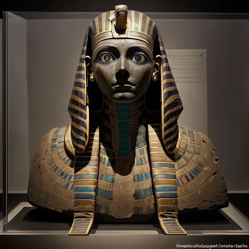 Prompt: An ancient Egyptian mummy in a modern museum display has suddenly come alive & sat up out of its sarcophagus, then turned to stare ominously with deep-set, glowing, multi-colored eyes.