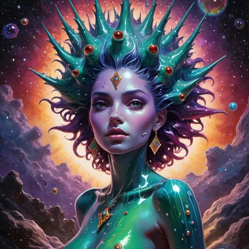 Prompt: The figure of an extremely beautiful, spiky hair-covered, female djinn rises & forms from an oil-slick puddle on the ground under a fantastic starscape on an entirely quartz planet. Deep acrylic sparkling metallic emerald gold blue purple & red, 3D psychedelic shading, full body, dark fantasy!  Lightning bubbles, poisonous frog skin, cosmic iridescent, high contrast, art deco, colorful polychromatic, explosive, intricate details, 8k resolution holographic astral cosmic illustration mixed media by Pablo Amaringo oil gouache, dynamic lighting! ultra quality, CGSociety