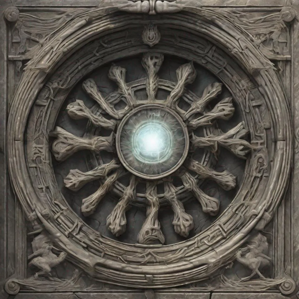 Prompt: An open portal window on the front of a magic shield through which the spirits of countless previously defeated enemies can be seen, hopelessly trapped for eternity.