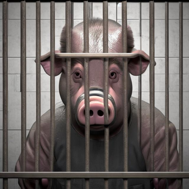 Prompt: A sad looking humanoid pig police officer behind bars in prison.