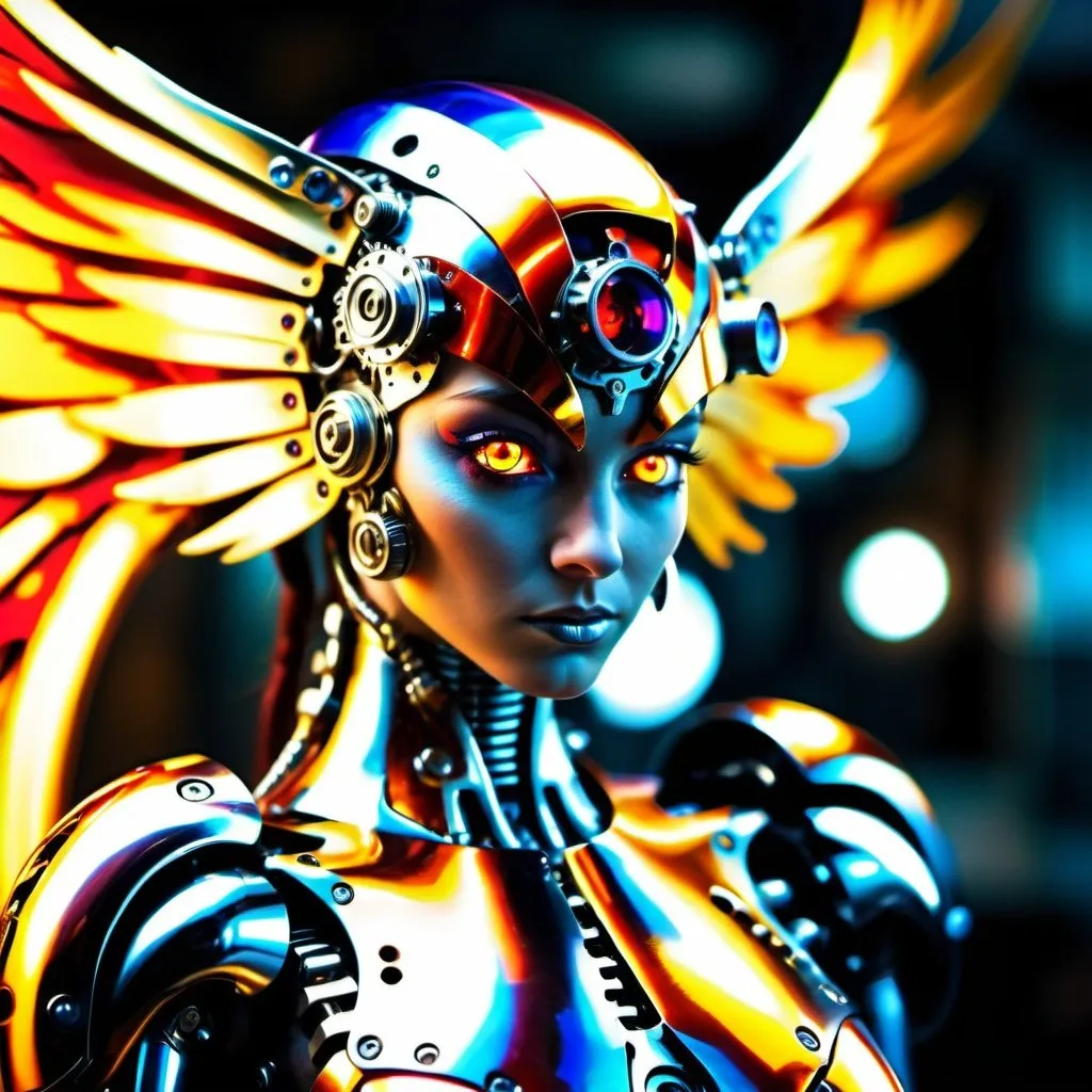 Prompt: All chrome & metallic primary colors, full body steampunk phoenix-humanoid cyborg advanced. intricate details, HDR, beautifully shot, hyperrealistic, sharp focus, 64 megapixels, highly detailed bismuth, mech mecha mechanical perfect composition, high contrast, cinematic, atmospheric, moody Professional photography, bokeh, natural lighting, canon lens, shot on dslr 64 megapixels sharp focus