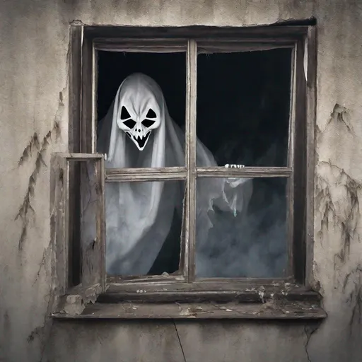 Prompt: An evil spirit peaks out of a window  of an abandoned haunted house.