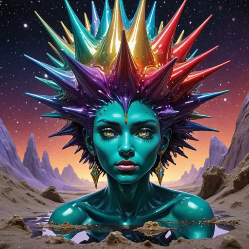 Prompt: The figure of a spiky hair-covered djinn rises & forms from an oil-slick puddle on the ground under a fantastic starscape on an entirely quartz planet. Deep acrylic sparkling metallic emerald gold blue purple & red, 3D shading, full body, dark fantasy! Treasure chests, luck, cosmic iridescent, high contrast, art deco, colorful polychromatic, explosive, intricate details, 8k resolution holographic astral cosmic illustration mixed media by Pablo Amaringo oil gouache, dynamic lighting! ultra quality, CGSociety