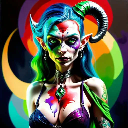 Prompt:  A full-body depiction of a beautiful full-body tatooed female-leprechaun-vampire hybrid creature. Gouache, acrylic, high contrast, colorful polychromatic metallic & iridescent colors, triadic green white brown purple, red. Epic cinematic brilliant stunning intricate meticulously detailed dramatic atmospheric maximalist digital matte painting , ultra detailed, ultra quality, CGSociety, iridescent blue & pewter gray. Professional photography, bokeh, natural lighting, canon lens, shot on dslr 64 megapixels sharp focus neo-impressionism expressionist style oil painting, smooth post-impressionist impasto acrylic painting, thick layers of colourful textured paint