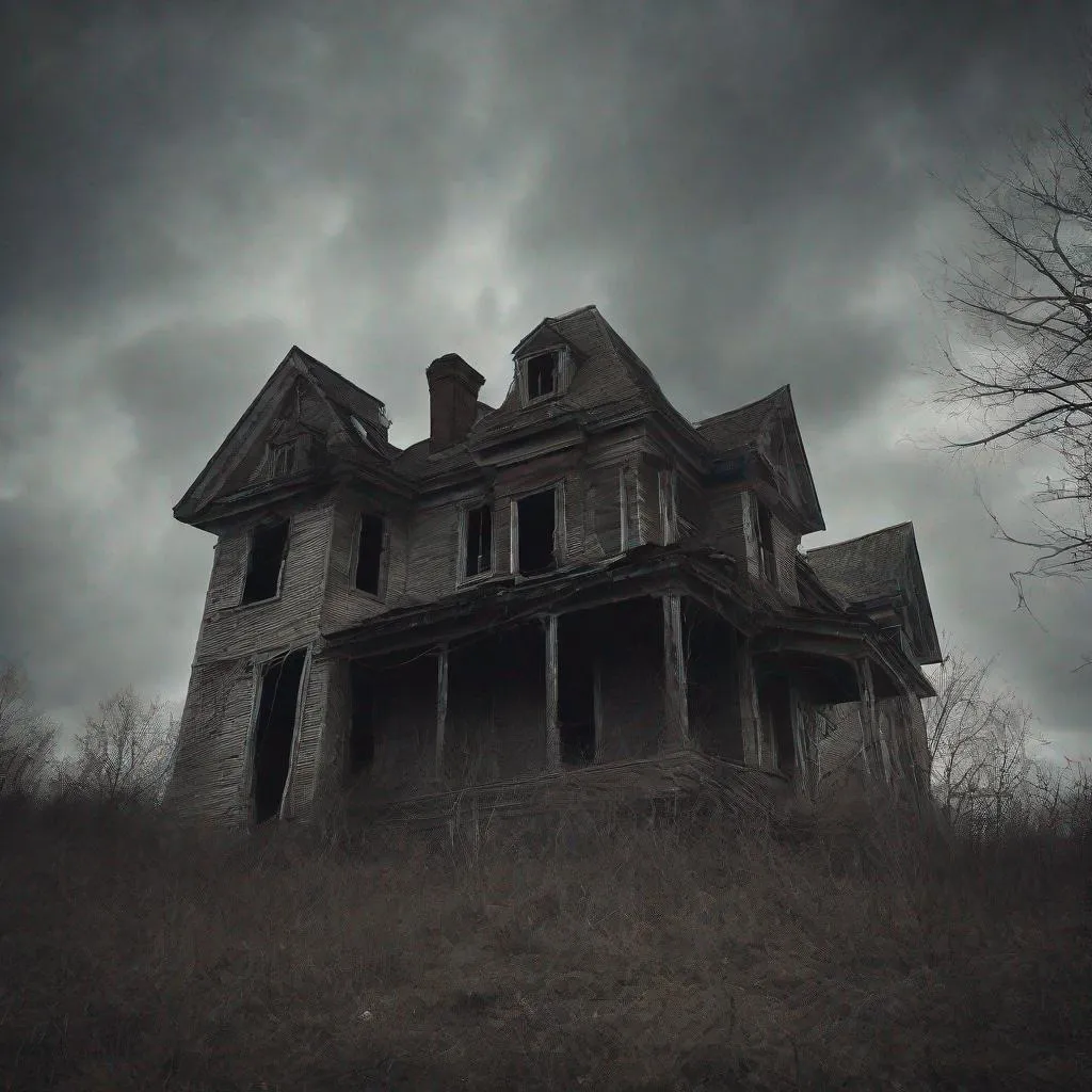 Prompt: An evil spirit peaks out of the upstairs window  of an abandoned haunted house.