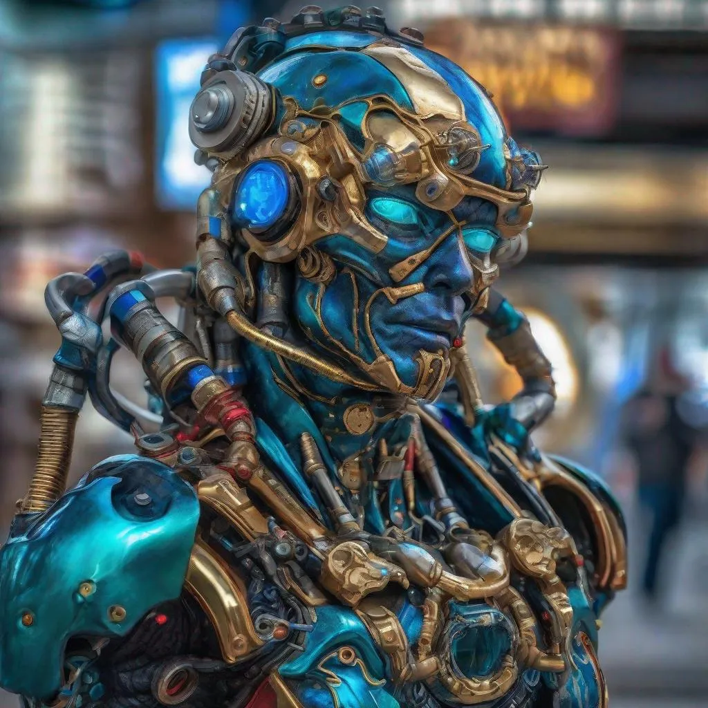 Prompt: CoVid humanoid supervillian with metallic teal base colored armor spotted with cobalt blue rings & bristling with red spike-protein like techno-interface connectors, & gold chrome hair-like hydraulic tubes on head, & all chrome accessories, weapons, & tools like grapple hook. Steampunk. intricate details, HDR, colorful polychromatic, beautifully shot, hyperrealistic, sharp focus, 64 megapixels, perfect composition, high contrast, cinematic, atmospheric, moody Professional photography, natural lighting, canon lens, shot on dslr 64 megapixels, color depth, dramatic, colorful background, high contrast, ultra detailed, ultra quality, a masterpiece, 8k resolution, hyperdetailed, volumetric lighting