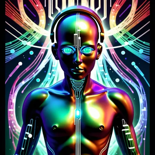 Prompt: A smartphone-headed humanoid with its face wearing a workout jumsuit wanders among a flowing swirling storm of lines of digital data, mathematical equations, & binary code strings. Deep acrylic sparkling metallic emerald gold blue purple & red, 3D shading, full body, dark fantasy! Busy background of flowing threads of streaming 5G data cosmic-radiation, mathematical equations, smartphone-head, iridescent, high contrast, art deco, colorful polychromatic, explosive, intricate details, 8k resolution holographic illustration mixed media by m oil gouache, dynamic lighting! ultra quality,  binary codes blood reds, electric blues, metallic greens, mercury, psychedelic data-storm. intricate details, HDR, beautifully shot, hyperrealistic, sharp focus, 64 megapixels, perfect composition, high contrast, cinematic, atmospheric, moody