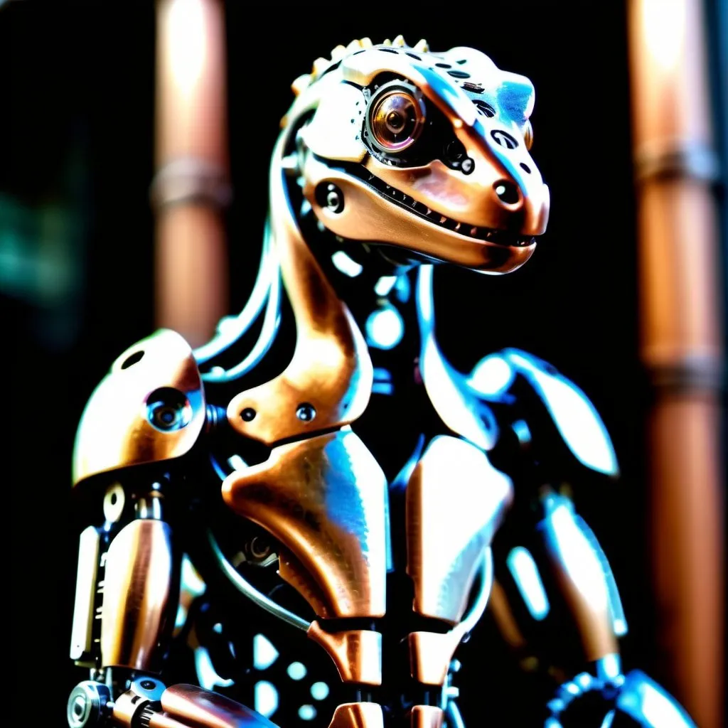 Prompt: All chrome & metallic bronze hammered copper, brushed steel, full body steampunk lizard-humanoid cyborg advanced. intricate details, HDR, beautifully shot, hyperrealistic, sharp focus, 64 megapixels, highly detailed mech mecha mechanical gears pistons cogs levers wires perfect composition, high contrast, cinematic, atmospheric, moody Professional photography, bokeh, natural lighting, canon lens, shot on dslr 64 megapixels sharp focus