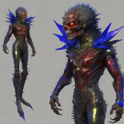 Prompt: CoVid humanoid supervillian with iridescent scaly head & facial skin, six halfmoon molten-gold eyes encircling his skull, rows of needle-like blood red spikes of head hair, & needle-sharp chrome teeth, gunmetal grey scale-textured torso armor spotted with cobalt blue colored rings outlined in chartreuse, & instead of legs his lower half is a ball capable of rolling him in any direction & is identical to the covid 19 virus medium-grey colored with metallic red spike-proteins serving as treads. Steampunk. intricate details, HDR, colorful polychromatic, beautifully shot, hyperrealistic, sharp focus, 64 megapixels, perfect composition, high contrast Professional photography, natural lighting, canon lens, shot on dslr 64 megapixels, color depth, dramatic, high contrast, ultra detailed, ultra quality, a masterpiece, 8k resolution, hyperdetailed, volumetric lighting