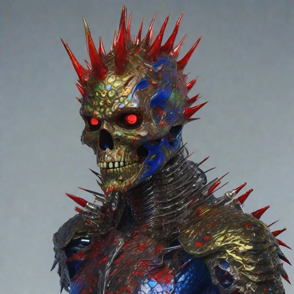 Prompt: CoVid humanoid supervillian with iridescent scaly head & facial skin, six halfmoon molten-gold eyes encircling his skull, rows of needle-like blood red spikes of head hair, & needle-sharp chrome teeth, gunmetal grey scale-textured torso armor spotted with cobalt blue colored rings outlined in chartreuse, & instead of legs his lower half is a ball capable of rolling him in any direction & is identical to the covid 19 virus medium-grey colored with metallic red spike-proteins serving as treads. Steampunk. intricate details, HDR, colorful polychromatic, beautifully shot, hyperrealistic, sharp focus, 64 megapixels, perfect composition, high contrast Professional photography, natural lighting, canon lens, shot on dslr 64 megapixels, color depth, dramatic, high contrast, ultra detailed, ultra quality, a masterpiece, 8k resolution, hyperdetailed, volumetric lighting