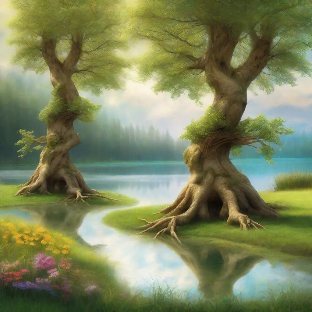 Prompt: A pair of trees step free of their root systems, in order to dance the lambada together beside a lake in a magical meadow.