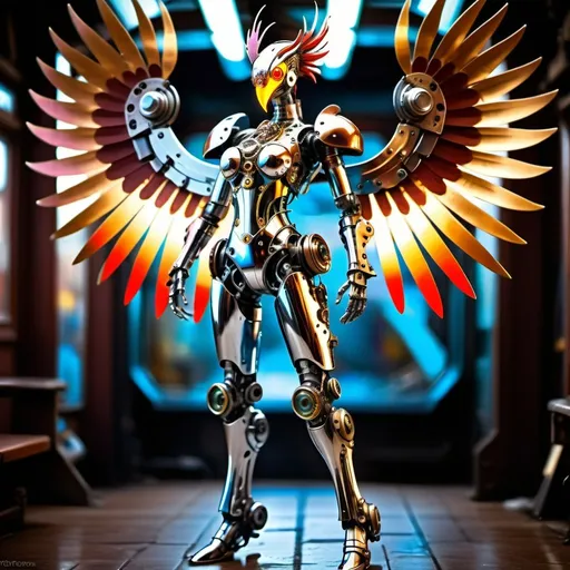 Prompt: All chrome & metallic primary colors, full body steampunk phoenix-humanoid cyborg advanced. intricate details, HDR, beautifully shot, hyperrealistic, sharp focus, 64 megapixels, highly detailed bismuth, mech mecha mechanical perfect composition, high contrast, cinematic, atmospheric, moody Professional photography, bokeh, natural lighting, canon lens, shot on dslr 64 megapixels sharp focus