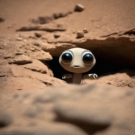 Prompt: Little alien peeking out from shadows & rock crevices in photos taken by the Mars rover. Professional photography, bokeh, natural lighting, canon lens, shot on dslr 64 megapixels sharp focus