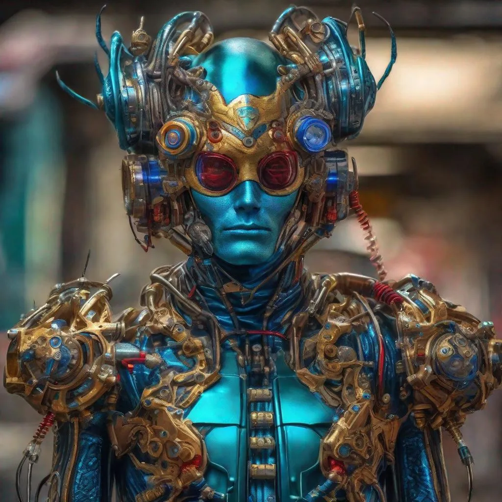 Prompt: CoVid humanoid supervillian with metallic teal base colored armor spotted with cobalt blue rings & bristling with red spike-protein like techno-interface connectors, & a mowhawk of gold & chrome hair-like hydraulic tubes on head.  Steampunk. intricate details, HDR, colorful polychromatic, beautifully shot, hyperrealistic, sharp focus, 64 megapixels, perfect composition, high contrast, cinematic, atmospheric, moody Professional photography, natural lighting, canon lens, shot on dslr 64 megapixels, color depth, dramatic, colorful background, high contrast, ultra detailed, ultra quality, a masterpiece, 8k resolution, hyperdetailed, volumetric lighting