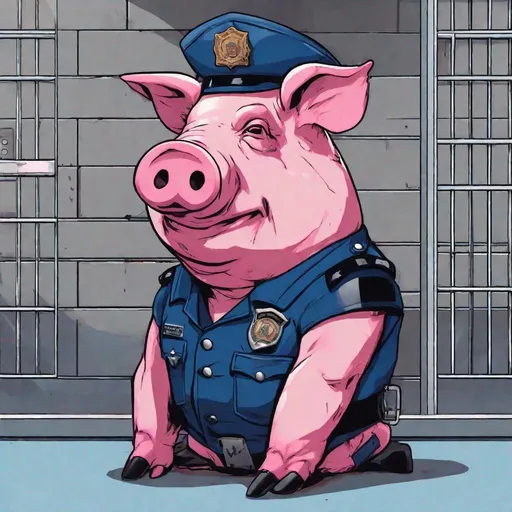 Prompt: A sad looking, pink-skinned, zombfiede humanoid pig-police officer in full, blue uniform in a prison cell.