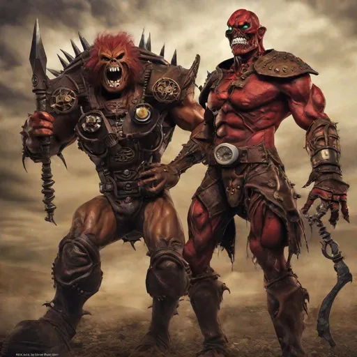 Prompt: MOTU Beast-Man & Skelator are enraged. Steampunk photo realstic 