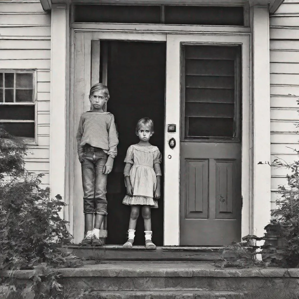 Prompt: Two black-eyed children are at the door, standing on the porch & insistently asking to be let inside the house.