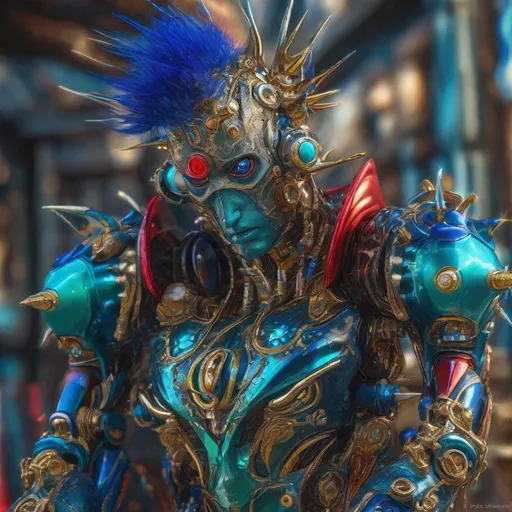 Prompt: CoVid humanoid supervillian with metallic teal base colored armor spotted with cobalt blue rings & bristling with red spike-protein shaped techno-interface connectors, & taller finer spike-protein head hair, & all chrome glass & gold & matching portal pillars. Steampunk. intricate details, HDR, colorful polychromatic, beautifully shot, hyperrealistic, sharp focus, 64 megapixels, perfect composition, high contrast Professional photography, natural lighting, canon lens, shot on dslr 64 megapixels, color depth, dramatic, colorful background, high contrast, ultra detailed, ultra quality, a masterpiece, 8k resolution, hyperdetailed, volumetric lighting