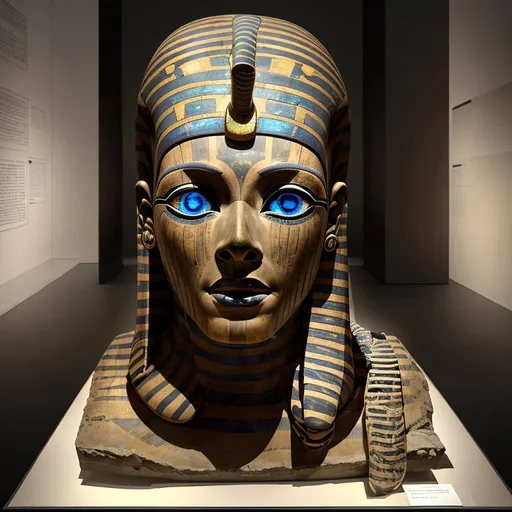 Prompt: An ancient Egyptian mummy in a modern museum display has suddenly come alive & sat up out of its sarcophagus. It's head is turned to stare ominously with deep-set, glowing, multi-colored eyes.