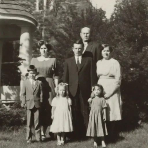Prompt: A shadow-person caught lurking behind family members in a photograph.