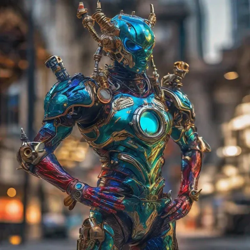 Prompt: CoVid humanoid supervillian with metallic teal base colored armor spotted with black-outlined cobalt blue rings mixed with protruding short metallic red spike-protein like connectors & longer thinner spike-protein-hair, & all chrome glass & gold accessories, weapons, & tools including grapple hook. Steampunk. intricate details, HDR, colorful polychromatic, beautifully shot, hyperrealistic, sharp focus, 64 megapixels, perfect composition, high contrast Professional photography, natural lighting, canon lens, shot on dslr 64 megapixels, color depth, dramatic, high contrast, ultra detailed, ultra quality, a masterpiece, 8k resolution, hyperdetailed, volumetric lighting