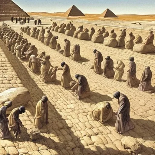 Prompt: A scene depicting the as yet unknown, true method by which the Egyptians moved stones weighing many thousands of tons over hundreds of miles.